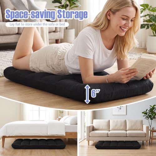 Giantex Adjustable Floor Gaming Sofa Chair 14-Position Cushioned Folding Lazy Recliner High Resilience Sponge, Breathable Cotton & Linen Fabric Sleeper Bed Couch Recliner (Black)