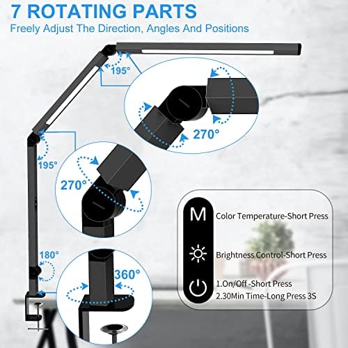 LED Desk Lamp with Clamp, Architect Desk Lamp with Dual Light and Adjustable Swing Arm, Clip-on Eye-Care 4 CCT Modes & 5 Brightness Levels Table Light Modern Computer Lighting for Home Office