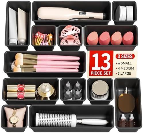 Canfanni 13 Pack Plastic Drawer Organizers Set, 3 Sizes Desk Drawer Organizer Trays for Vanity and Makeup Organizer, Organization and Storage for Makeup, Kitchen Utensils, Bathroom and Office(Black)