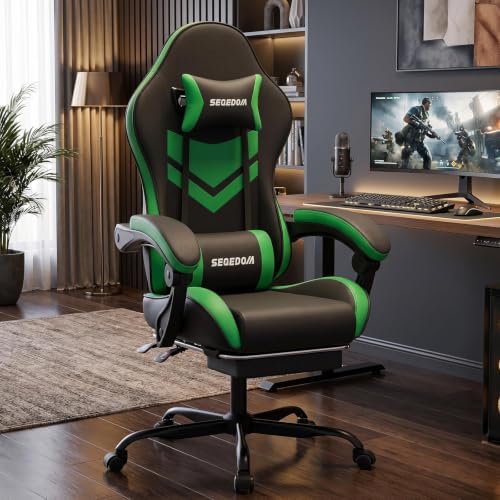 Gaming Chair with Footrest & Massage Lumbar Support, PU Leather Ergonomic High Back Swivel Height Adjustable Chair for Adults, Office Gaming, 300 lbs (Black Green)