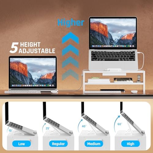 AFOOYO Adjustable Wood Laptop Stand, Ergonomic Height Angles Computer Holder Riser for Desk Compatible with Air, Pro, Dell, HP, Lenovo More 10-17.3" Laptops, White