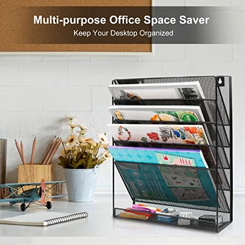 EasyPAG 5 Tier Wall File Holder, Mesh Hanging Folder Organizer with Classify Label, Versatile Desk File Holder, Vertical Wall Mounted Mail Organizer for Office Home Cubicle, Black