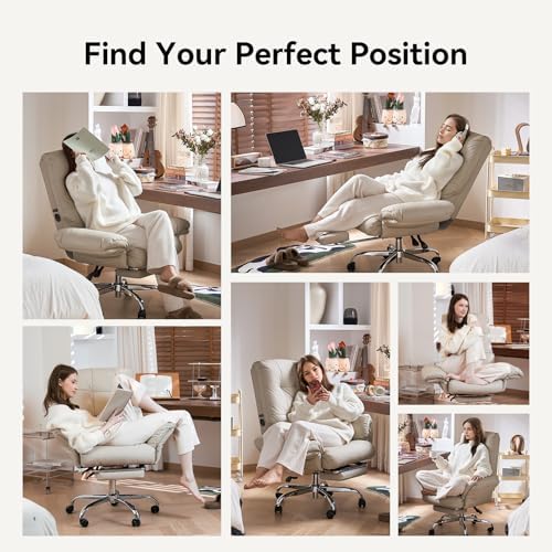 EMIAH Heated and Massage Office Chair with Foot Rest, PU Leather, Beige