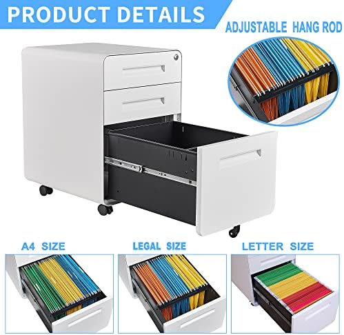 Letaya File Cabinet, 3 Drawer Filing Cabinets for Home Office with Lock Mobile Under Desk Fully Assembled Cabinet (White)