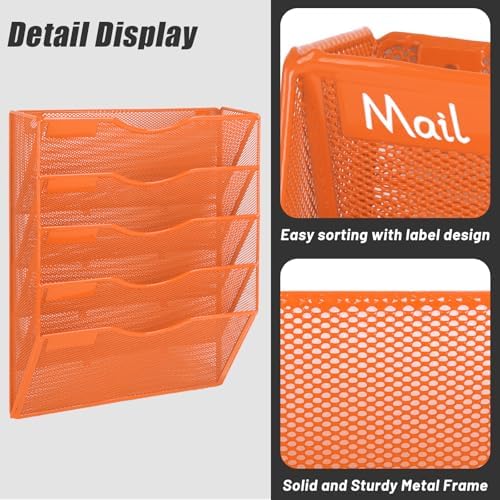 EASEPRES 5 Pocket Mesh Hanging Wall File Organizer, Wall Mounted Mail Paper Document Folder Holder, Clipboard Storage Organization Magazine Rack with Nametag Label for Office Home School, Orange