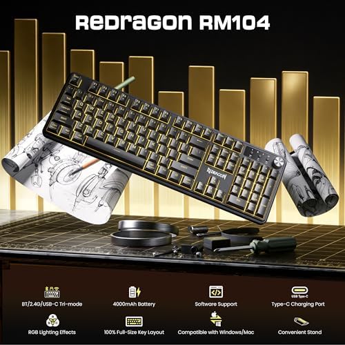 Redragon RM104 Wireless Gaming Keyboard with Knob, Tri-Mode BT/2.4G/USB-C RGB Computer Keyboards, 4000mAh Battery, Programmable Software Support, Anti-Ghosting, Compatible with PC Mac