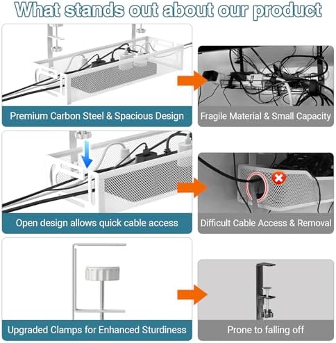 No Drill Under Desk Cable Management Tray, SONATURE 15.7" Cord Organizer for Table, Clamp Mount Desk Cable Management, Premium Carbon Steel Cable Organizer for Office, Home (White)