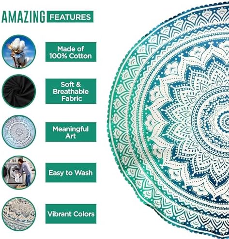 raajsee Green Ombre Round Beach Tapestry Hippie/Boho Beach Blanket Roundie/Indian Cotton Throw Bohemian Round Table Cloth/Yoga Mat Meditation Picnic Rugs 69 inch Circle