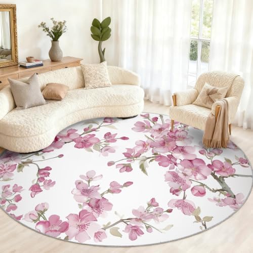 Floral Round Area Rug - 5ft Abstract Floral Round Rug for Living Room, Modern Minimalist Circle Rugs Washable Soft Non-Slip Carpet for Bathroom Bedside Sofa Coffee Table Decor Mat