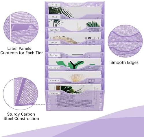 EasyPAG 8 Pocket Mesh Wall File Organizer, Hanging Paper Folder Holder with Classify Label, Vertical Wall Mount Mail Organizer for Office Home Classroom, Purple