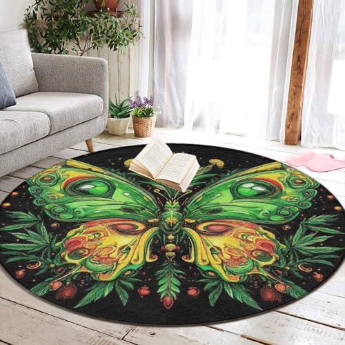 Machine Washable Modern Round Area Rug, Room Sofa Yoga Soft Round Carpet, Home Decor Non Slip Kitchen Office Circle Rug Butterfly Weed Leaf Art, 36inch