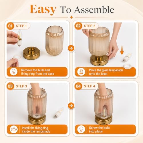 Cordless Glass Table Lamp, 3 Color Modes & Stepless Dimming, Amber