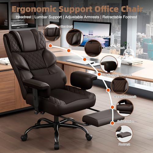 Vonesse Office Chair, Desk Chair with Soft Adjustable Armrests, Executive Computer Chairs with Lumbar Support, High Back Gaming Chair with Footrest (PU Leather, Brown)