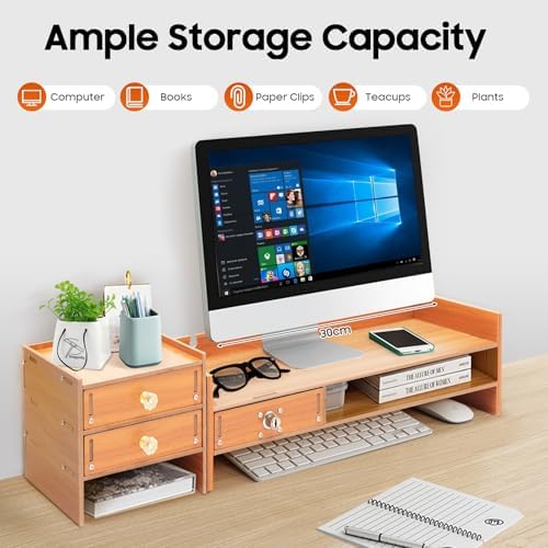 Wood Monitor Stand with Drawer, 18.9 Inch Computer Rack with Lockable Drawer and Phone Holder for Office Home Desk Organizer