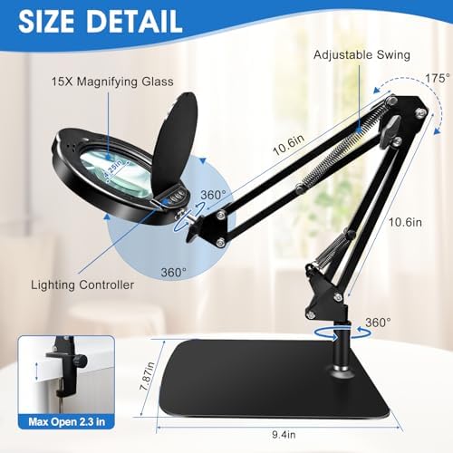 15X HD Magnifying Glass with Light, Hands-Free Desk Magnifier with 2-in-1 Base & Clamp, Adjustable Swing Arm, 5 Color Modes, 10 Brightness Levels for Reading, Crafts, Sewing & Nail Art