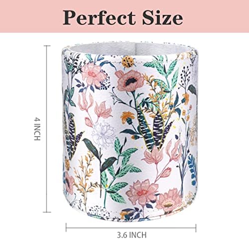 Large Capacity Floral Pen Holder for Desk, Leather Pencil Holder Pen Cup Marker Holder Makeup Brush Holder, Desk Accessories & Workspace Organizers for Home, Office, White Flower
