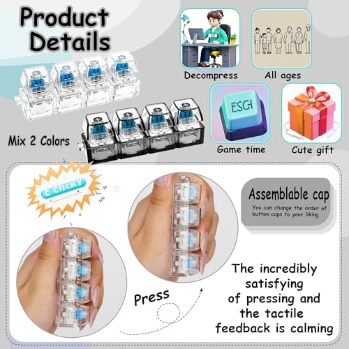 2 PCS Keyboard Fidget Toy, Keyboard Fidget Keychain 4-in-1 Keyboard Decompression Button Finger Clicker Toys, Button Stress Relief Fidget Gifts to Relief Stress (Clear Black)