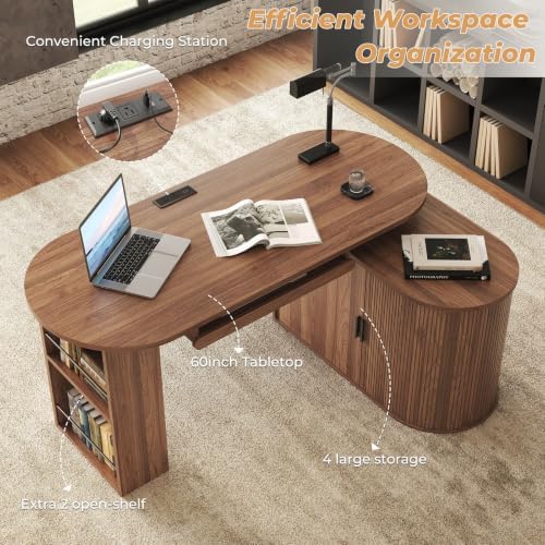 HSH L Shaped Office Corner Desk with Storage Cabinet Walnut 60 Inch