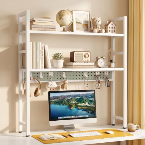 Brakki 2-Tier Desk Shelf, Desk Hutch Bookshelf with Pegboard and Hook Dorm