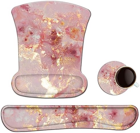AIMSA Mouse Pad Wrist Support Set Keyboard Wrist Rest, Ergonomic Memory Foam Non-Slip Base Easy Typing Pain Relieve for Computer Laptop Home Office, Pink Gilt Marble