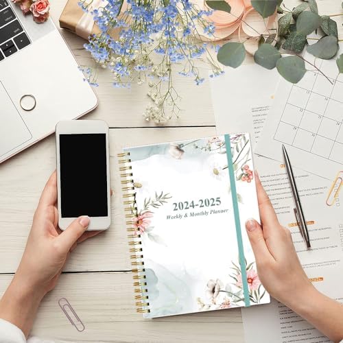 2024-2025 Planner - Weekly Monthly Planner Spiral Bound from July 2024 to June 2025 with 12 Monthly Tabs, Inner Pocket, Elastic Closure, Pink Flowers
