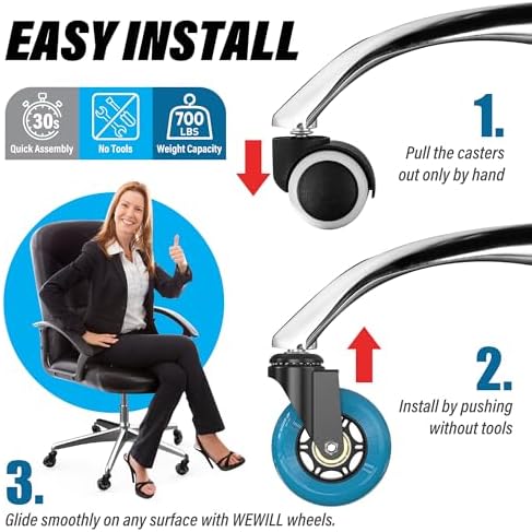WEWILL Office Chair Wheels - Rubber Casters Replacement Universal Fit 98% Chair(Set of 5) Heavy Duty 3 Inch Smoothly & Quietly Safe for All Floor, Hardwood, Tile, Carpet, Noise Free - Navy
