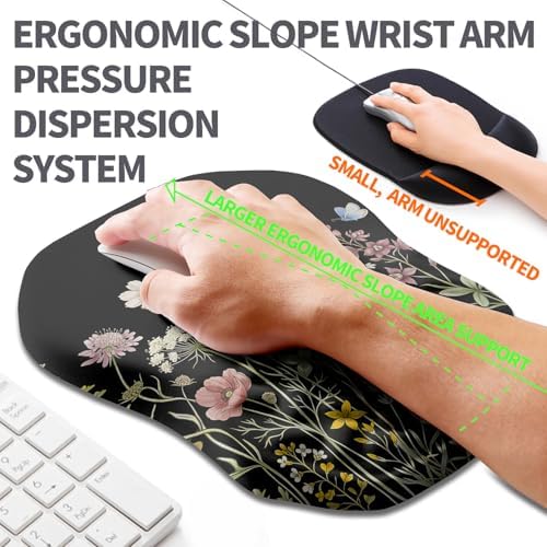 Ergonomic Slope Mouse Pad Wrist Support, Wrist Rest Mousepad for Carpal Tunnel Pain Relief with Massage Bulge and Slow Rebound Memory Foam (12x8 inch, Butterfly and Flower)