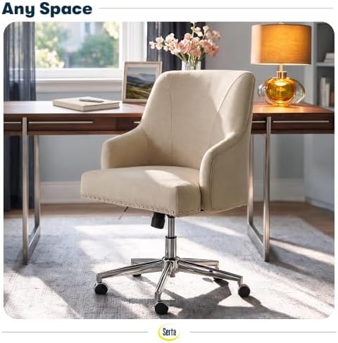 Serta Leighton Home Office Desk Chair, Mid-Back with Chrome Nailheads, Memory Foam Cushion and Padded Arms, Modern Makeup Vanity Armchair with Wheels, Swivel Base, Twill Fabric, Stoneware Beige