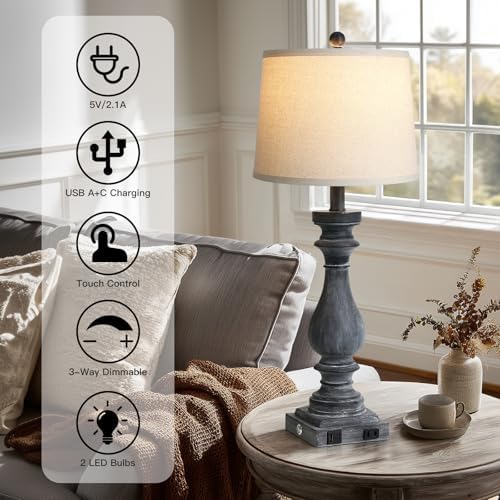 Cinkeda 29" Tall Farmhouse Table Lamp for Living Room Set of 2,Vintage Retro Nightstand Lamps with USB C+A Ports & AC Outlet,3-Way Dimmable Touch Bedside Lamp for Bedroom Side Table,Distressed Black