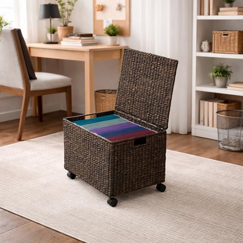 Casafield Rolling Filing Cabinet, Espresso Dark Brown - Water Hyacinth File Organizer with Lid and Wheels, Home Office Storage for Hanging Folders