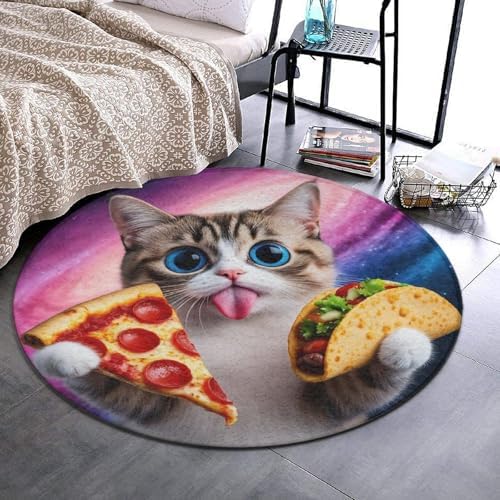 Soft Round Yoga Carpet, Office Chair Decor Round Mat for Carpet and Hardwood Floors Funny Cute Galaxy Cat Taco Pizza