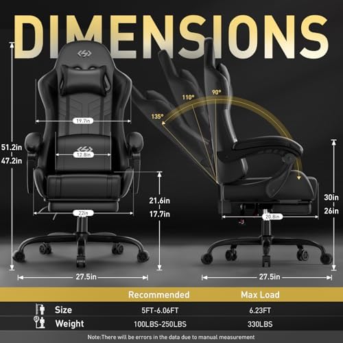 HLDIRECT High Back Gaming Chair, USB Massage Lumbar Support, Black