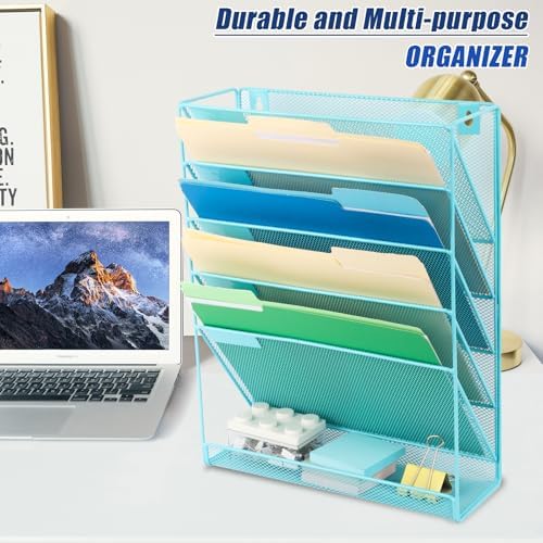 EASEPRES Desk File Organizer Mesh 6-Tier, Hanging Wall Mount Document Organization Stand, Desktop Vertical Mail Paper Folder Holder Rack with Bottom Tray for Office Home Cubicle Countertop, Blue