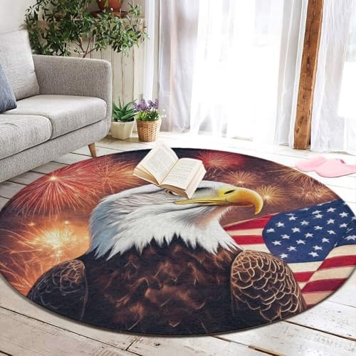 Highly Premium Quality Floor Mat, Office Chair Decor Mat, Room Sofa Yoga Soft Round Carpet Bald Eagle American Flag Fireworks Art, 60inch