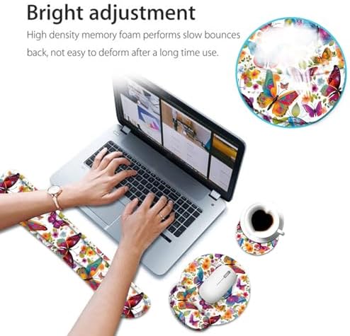Keyboard Wrist Rest and Mouse Pad Wrist Support Set with Coaster,Ergonomic Mouse Pad,Comfortable for Easy Typing, Pain Relief,Memory Foam Keyboard Pad Set for Laptop Mac,Colorful Butterfly and Flower
