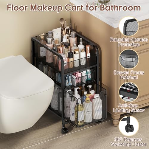 Hongtamoya Rolling Makeup Cart Organizer with 2 Drawers, Narrow Floor Skincare Organizers, Vanity Organizer Cosmetics Display Cases Holder for Skin Care Nail Polish Perfume Makeup Brush, Black