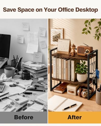 2-Tier Desktop Bookshelf, Desk Shelf Organizer, Rustic Brown