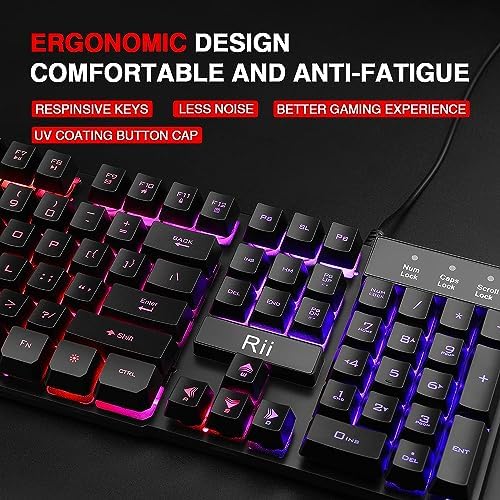 Rii RK100+ Multiple Color Rainbow LED Backlit Large Size USB Wired Mechanical Feeling Multimedia PC Gaming Keyboard,Office Keyboard for Working or Primer Gaming,Office Device(New RK100+)