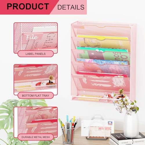 Hanging Wall File Organizer 6 Tier Wall Mounted Mail Paper Folder Holder Document Organization Stand, Vertical Desk Magazine Rack for Office Home Cubicle Countertop, Pink