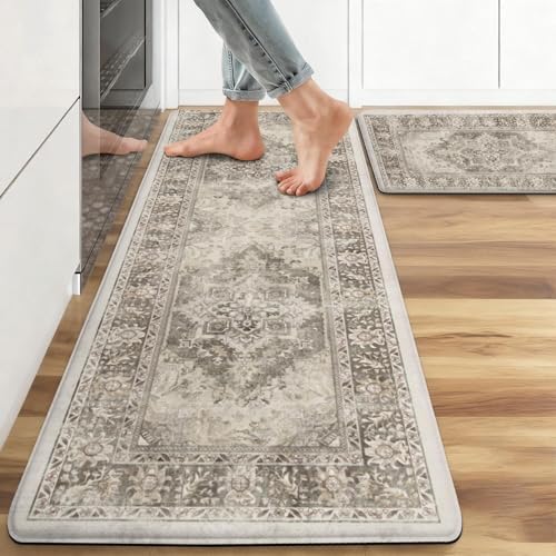Anti-Fatigue Kitchen Rug, 2PCs, 17.3"x47"+17.3"x29", Gray & White