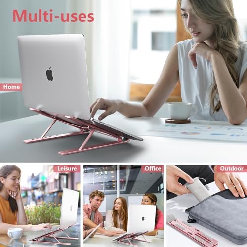 Laptop Stand for Desk, Aluminum Metal MacBook Stand，Computer Riser for Desk, Portable Foldable Adjustable Notebook Holder, Compatible with 10-15.6 Inch Laptops, iPad, Rose Gold.