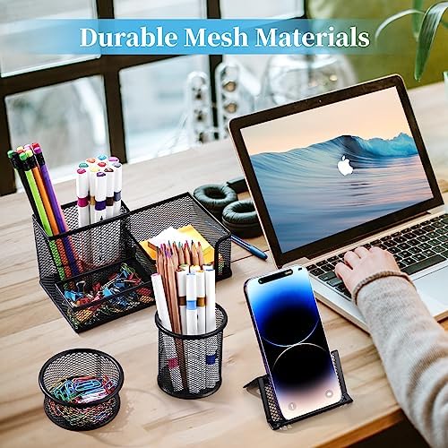 2-Piece Desk Pen & Pencil Organizer - Mesh Metal Pen Cup with Sticky Notes Holder, Black
