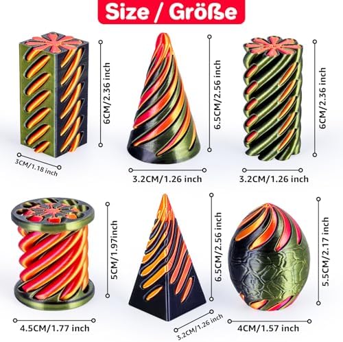 6 Packs Spiral Cone 3D Printed Fidget Toy Set, Flexible Impossible Cone Pyramid Passthrough Toys for Stress Relief, Desk Deco Relaxing for Kids Adults, Black&Cyan Gold + Gold&Red