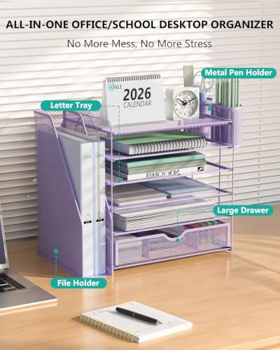 WALI Desk File Organizer, 6 Tier Desktop Paper Letter Tray Organizer with Drawer and 2 Pen Holders, Office Desk Accessories & Workspace Organizers for Office, Home Supplies(DO007DH-V), 1 Pack, Purple