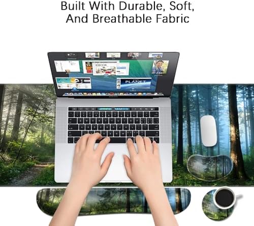 MIBITRI Keyboard Mouse Pad Set, Extended Gaming Mouse Pad+Ergonomics Keyboard Wrist Rest Support, Memory Foam, Easy Typing Pain Relief, 3Pcs XXL Ultra Thick Desk Mat, Forest in The Morning