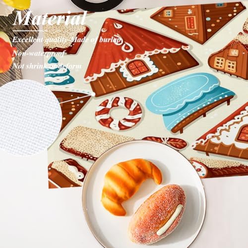 Shrahala Christmas Gingerbread Houses Set of 8 12 X 18 Inch Linen Placemats, Christmas Dessert Candy Tree Burlap Table Mat Washable Double Layered Heat Insulation for Indoor