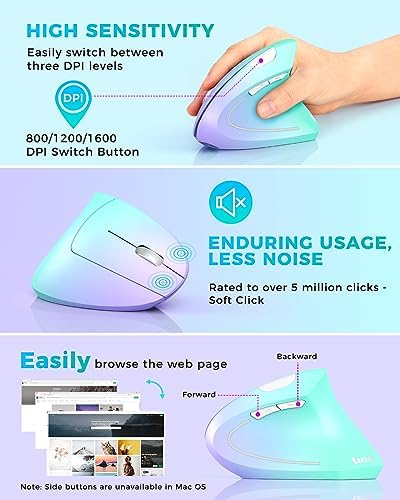 Lekvey Ergonomic Mouse, Rechargeable Vertical Wireless Mouse, Green Purple