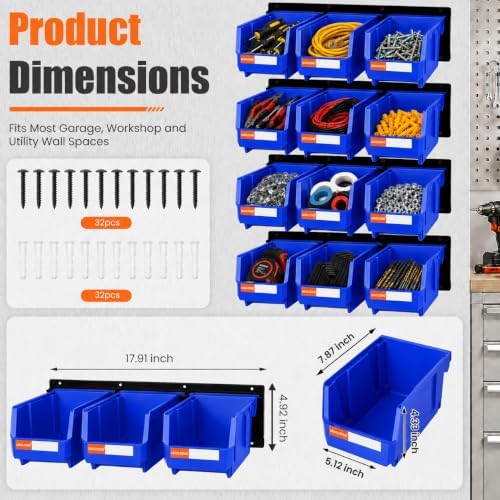 12pc Wall-Mounted Storage Organizer Set with Metal Rails Blue