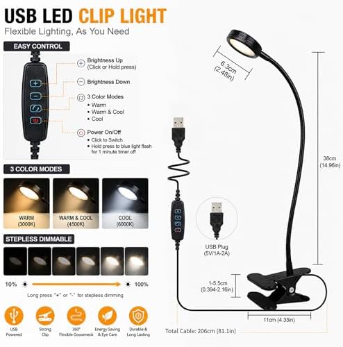 USB Clip-On Lamp, Eye Caring Dimmable Reading Light (Warm+Cool White, 8W)