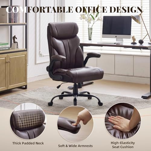 Big and Tall Office Chairs with Adjustable Flip-up Armrests,500LBS Wide Ergonomic Gaming Chair,100-118°Recline Executive Leather Computer Chairs with Adjustable Height,Coffee